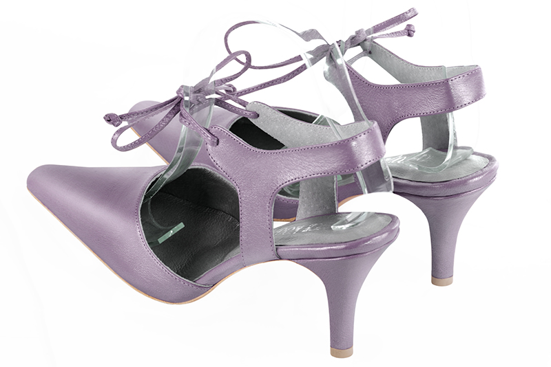 Lilac purple women's open back shoes, with an instep strap. Tapered toe. High slim heel. Rear view - Florence KOOIJMAN